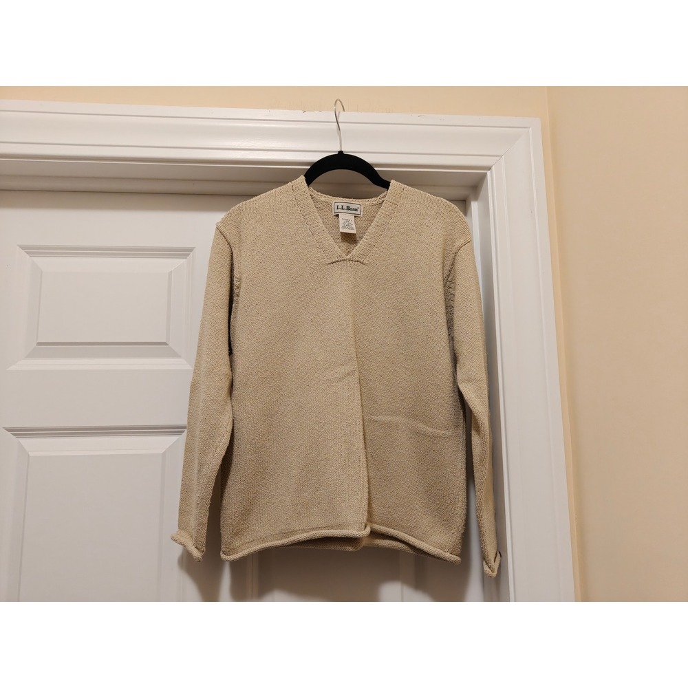 LL Bean Womens Tan Silk Cotton Blend V-Neck Rolled Hem Knit Sweater SM 0NT81